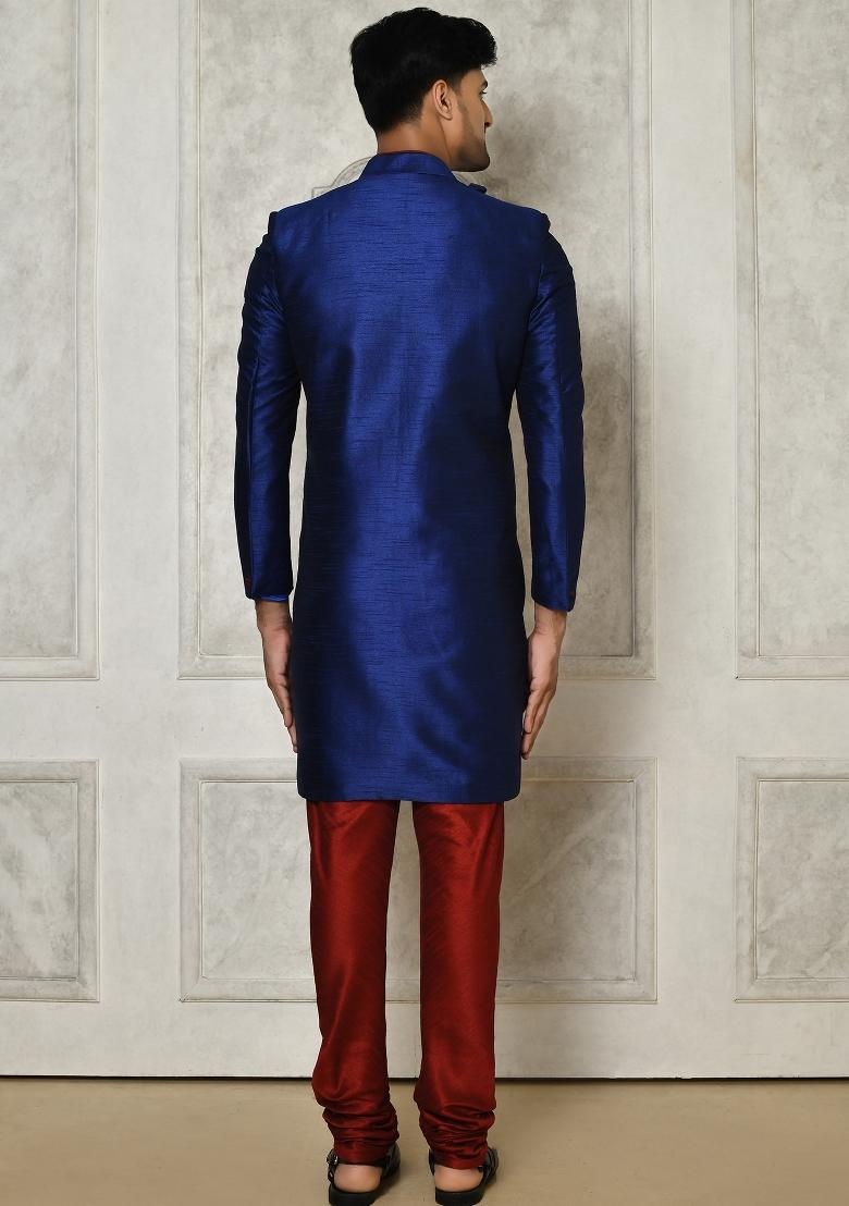 Royal Blue Embroidered Dupion Art Silk Indo Western Sherwani For Men