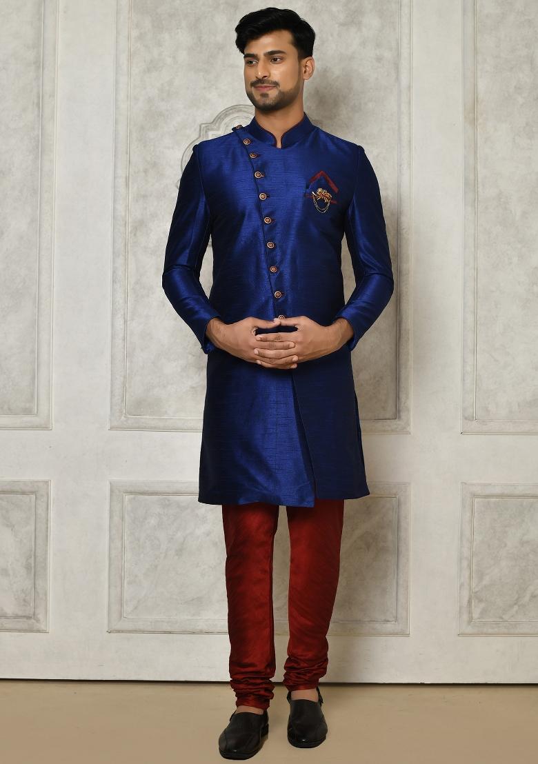 Royal Blue Embroidered Dupion Art Silk Indo Western Sherwani For Men