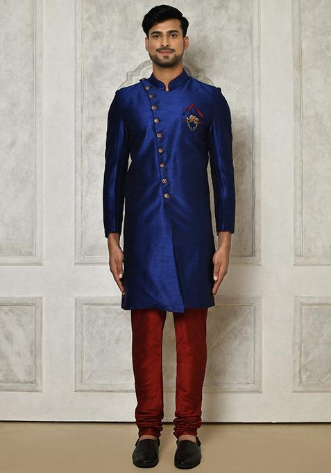 Royal Blue Embroidered Dupion Art Silk Indo Western Sherwani For Men