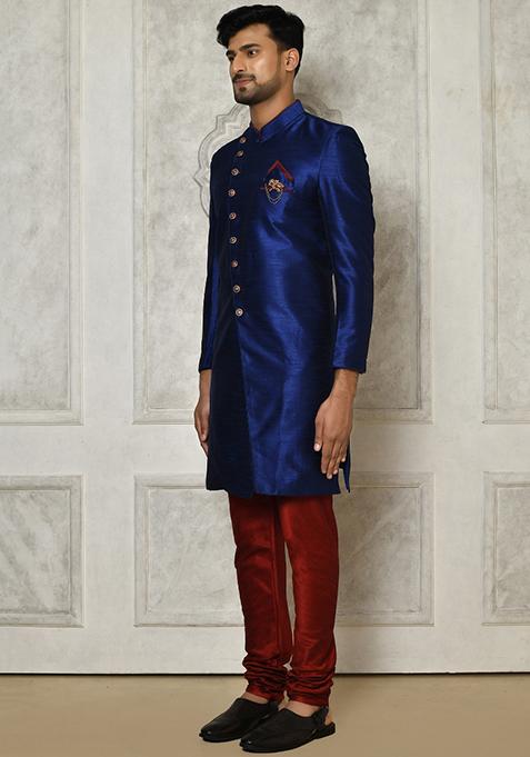 Royal Blue Embroidered Dupion Art Silk Indo Western Sherwani For Men