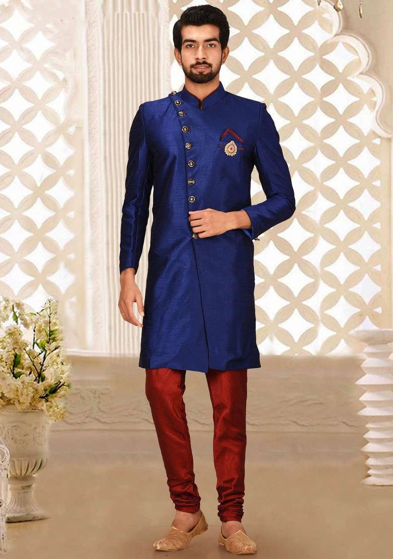 Royal Blue Embroidered Dupion Art Silk Indo Western Sherwani Set For Men - Indya