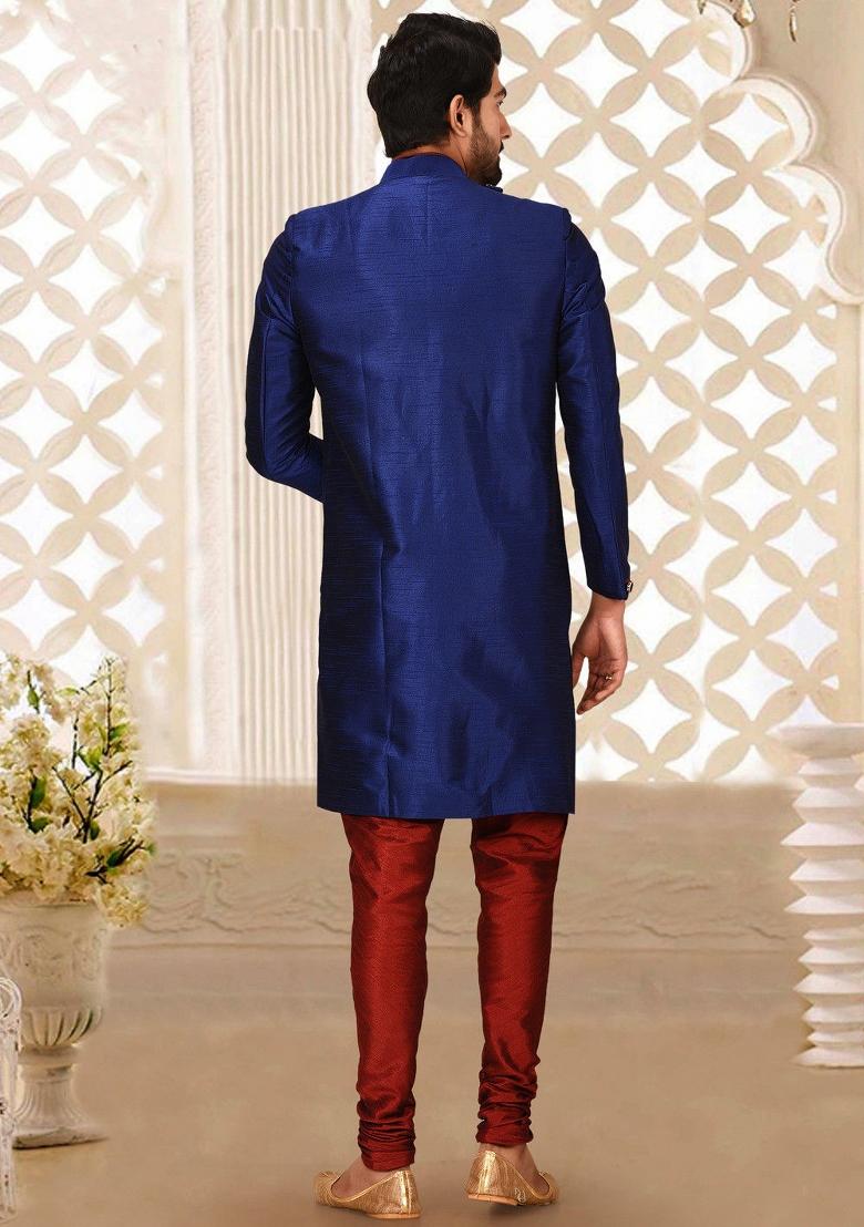 Royal Blue Embroidered Dupion Art Silk Indo Western Sherwani Set For Men