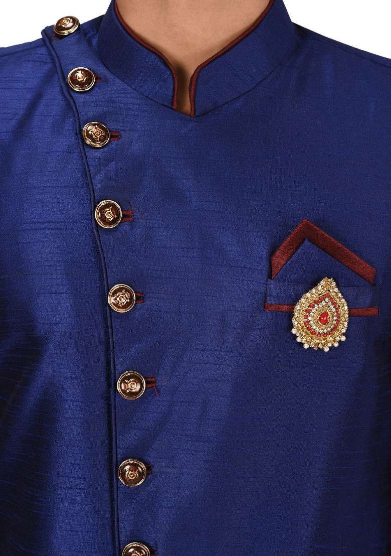 Royal Blue Embroidered Dupion Art Silk Indo Western Sherwani Set For Men - Indya