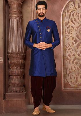Royal Blue Embroidered Dupion Art Silk Indo Western Sherwani Set For Men