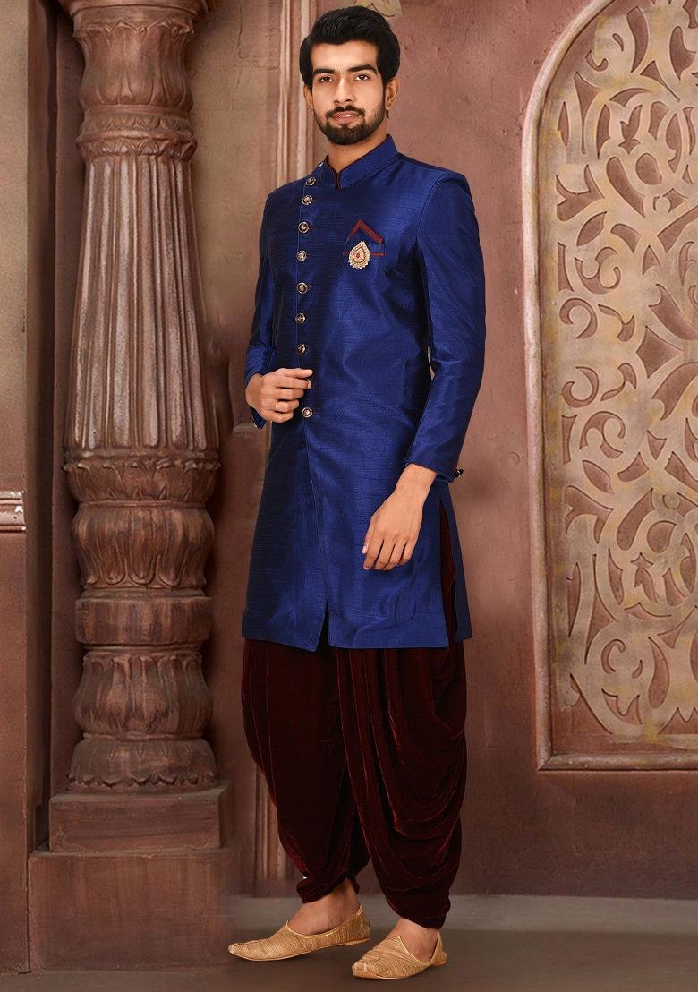 Royal Blue Embroidered Dupion Art Silk Indo Western Sherwani Set For Men
