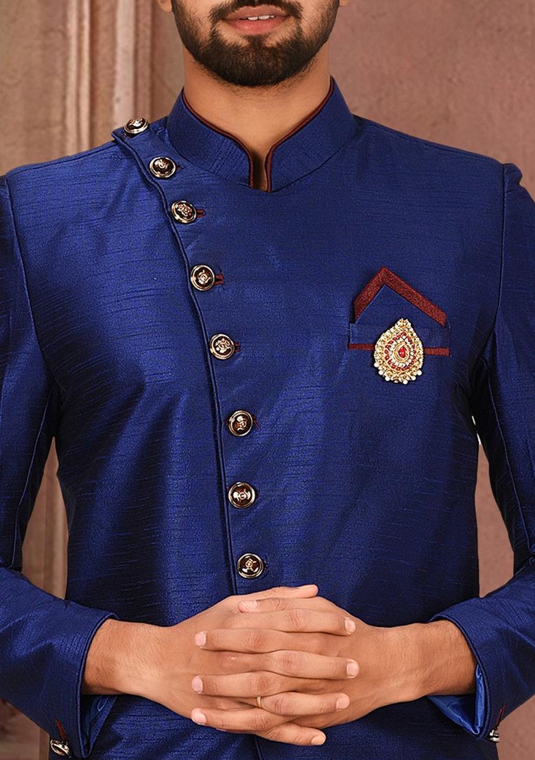 Royal Blue Embroidered Dupion Art Silk Indo Western Sherwani Set For Men