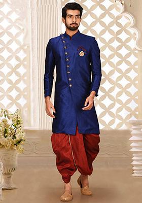 Royal Blue Embroidered Dupion Art Silk Indo Western Sherwani Set For Men