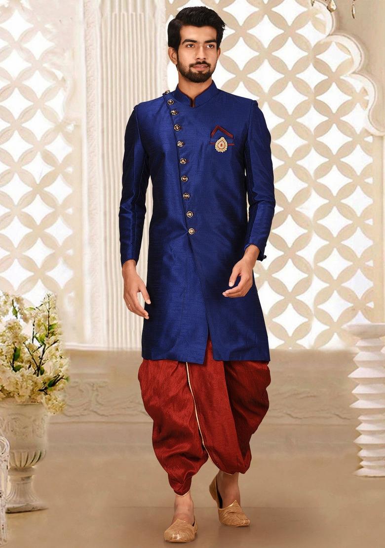 Royal Blue Embroidered Dupion Art Silk Indo Western Sherwani Set For Men