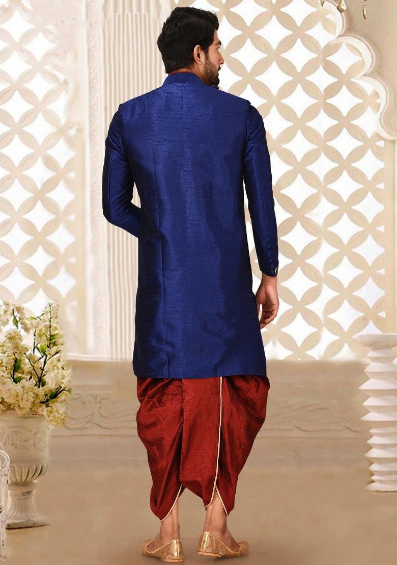 Royal Blue Embroidered Dupion Art Silk Indo Western Sherwani Set For Men