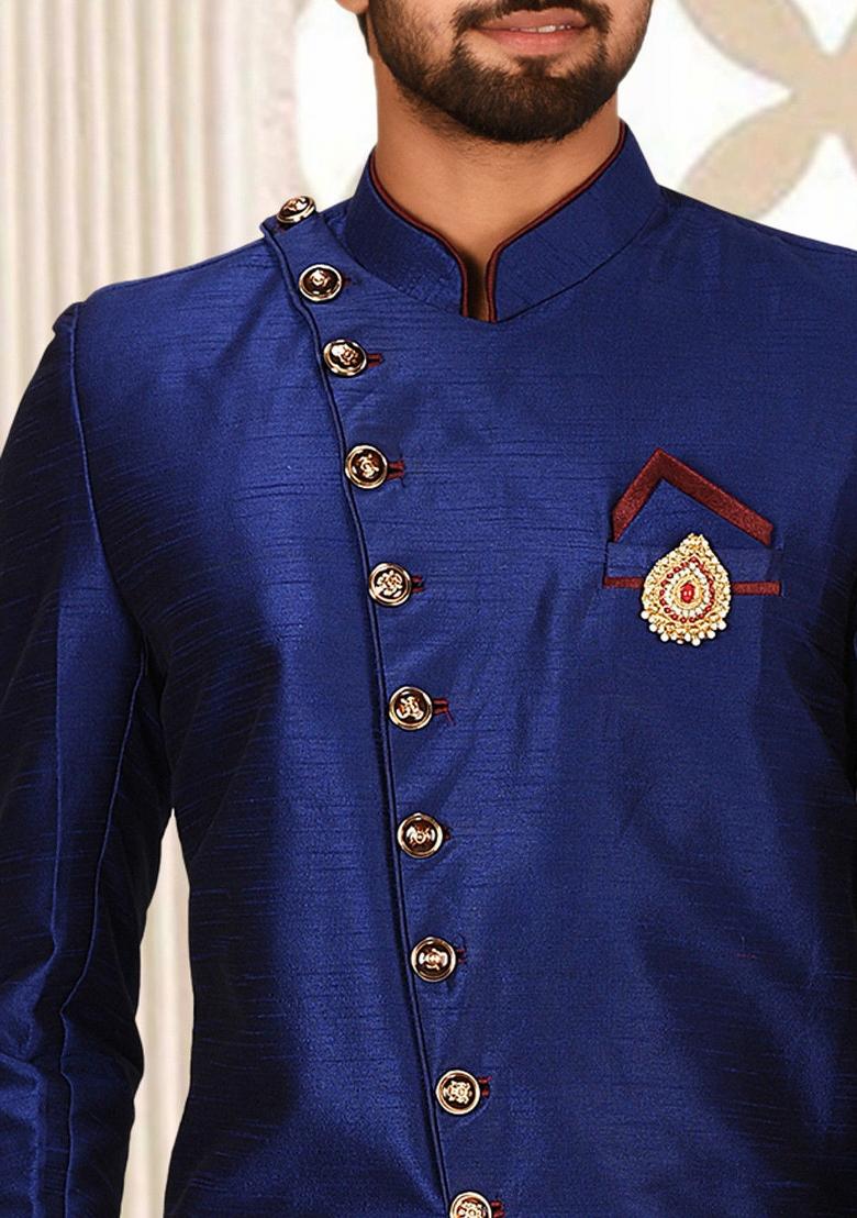 Royal Blue Embroidered Dupion Art Silk Indo Western Sherwani Set For Men