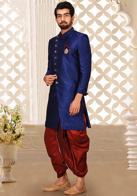 Royal Blue Embroidered Dupion Art Silk Indo Western Sherwani Set For Men