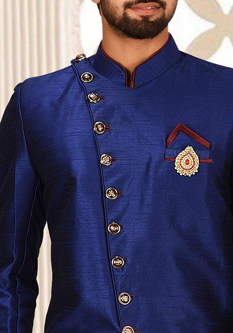 Royal Blue Embroidered Dupion Art Silk Indo Western Sherwani Set For Men