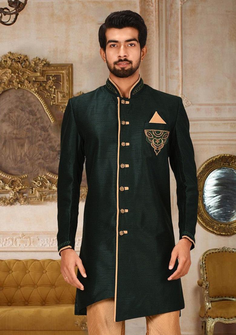 Royal Blue Embroidered Dupion Art Silk Indo Western Sherwani For Men