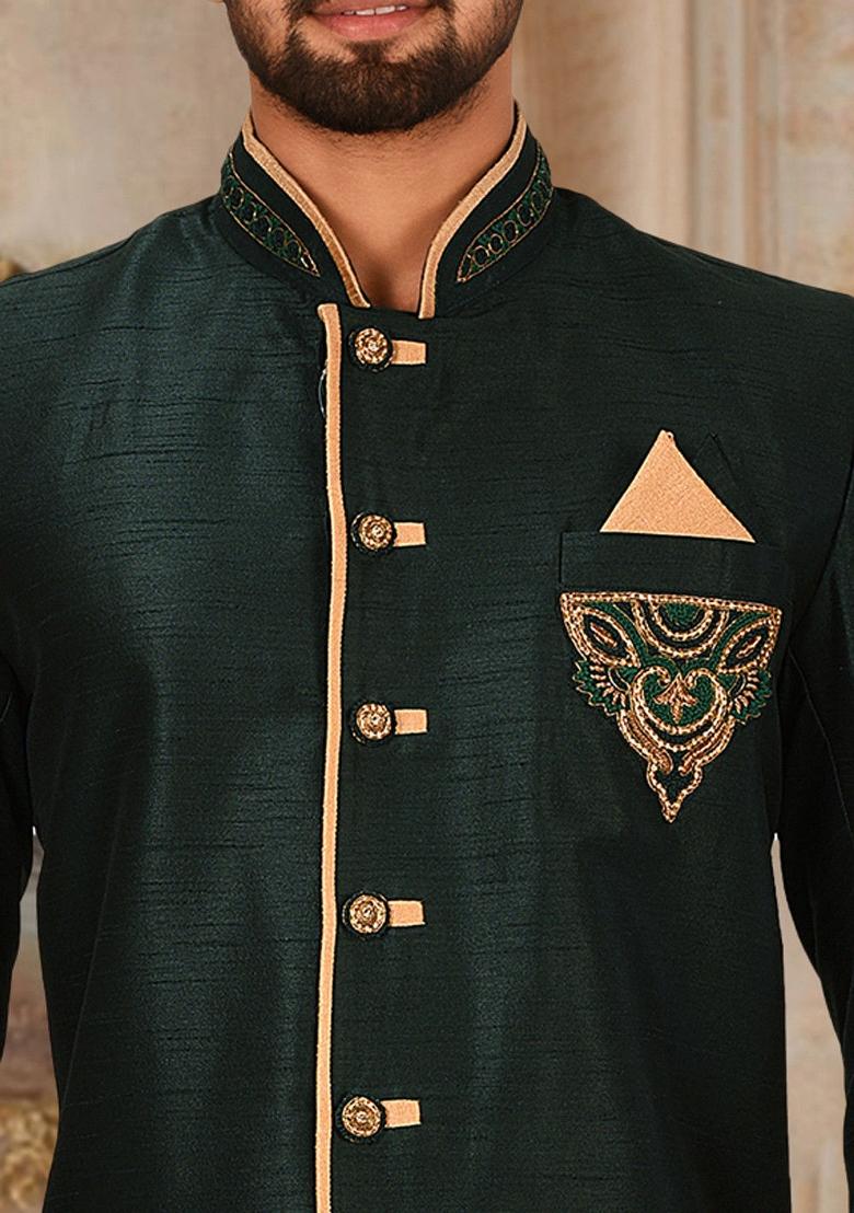 Royal Blue Embroidered Dupion Art Silk Indo Western Sherwani For Men