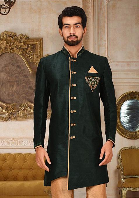 Royal Blue Embroidered Dupion Art Silk Indo Western Sherwani For Men