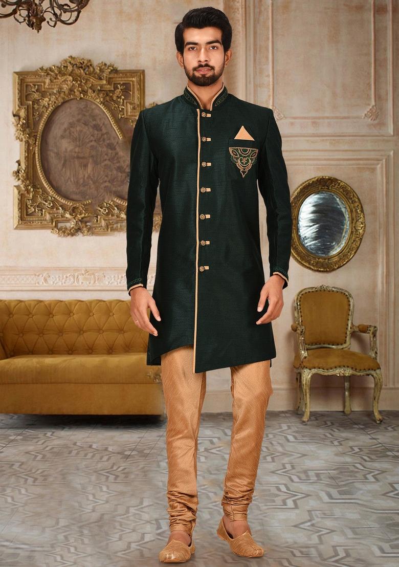 Royal Blue Embroidered Dupion Art Silk Indo Western Sherwani Set For Men