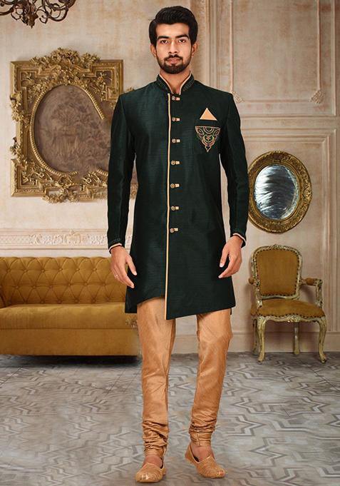 Royal Blue Embroidered Dupion Art Silk Indo Western Sherwani Set For Men