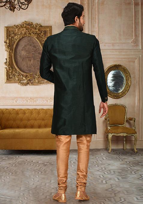 Royal Blue Embroidered Dupion Art Silk Indo Western Sherwani Set For Men