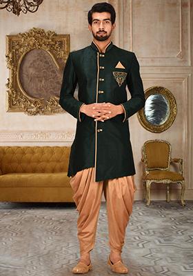 Royal Blue Embroidered Dupion Art Silk Indo Western Sherwani Set For Men