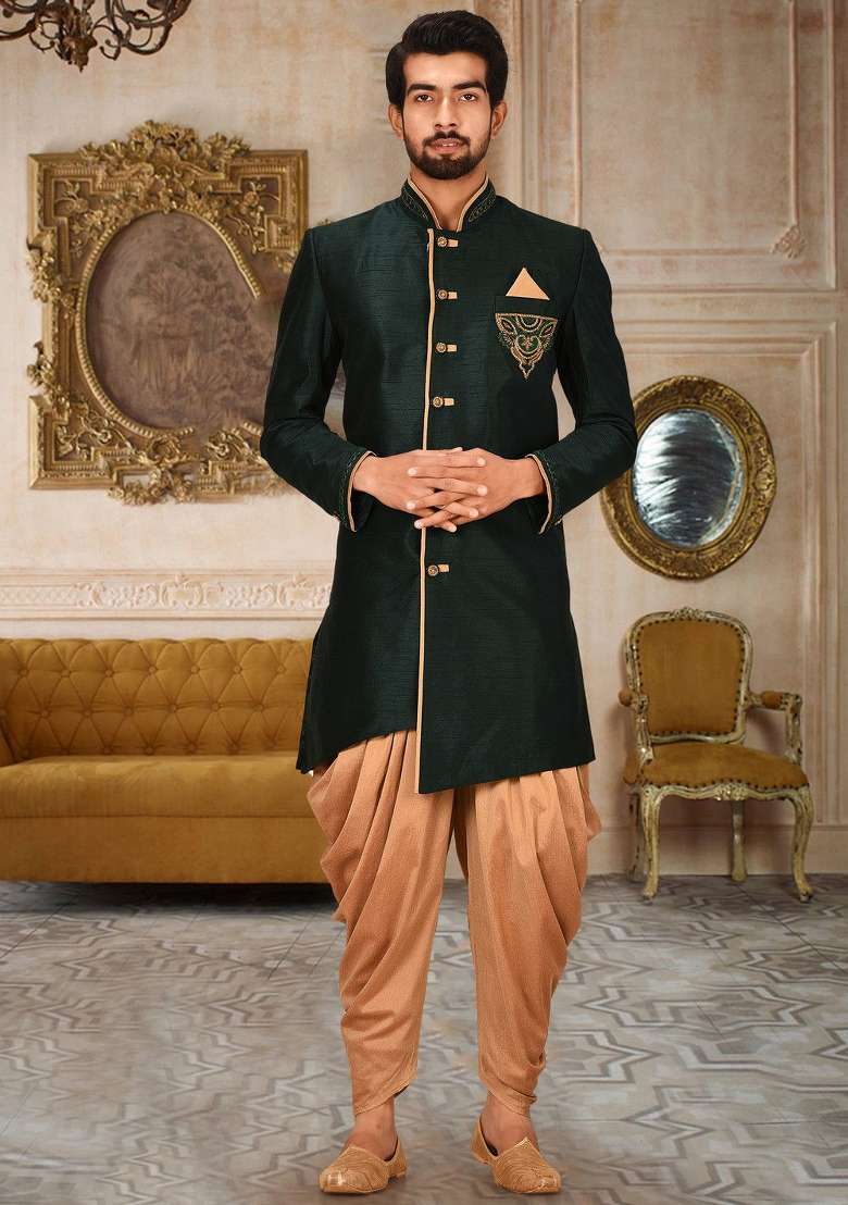 Royal Blue Embroidered Dupion Art Silk Indo Western Sherwani Set For Men - Indya