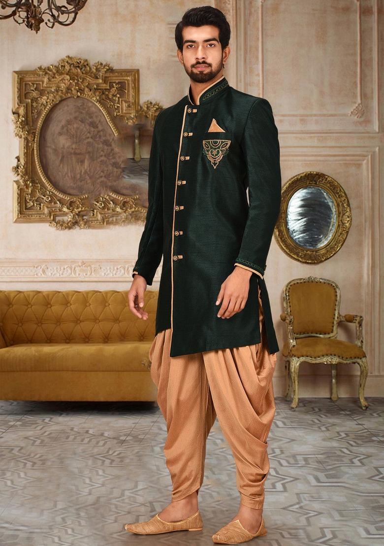 Royal Blue Embroidered Dupion Art Silk Indo Western Sherwani Set For Men