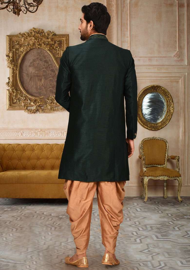 Royal Blue Embroidered Dupion Art Silk Indo Western Sherwani Set For Men - Indya