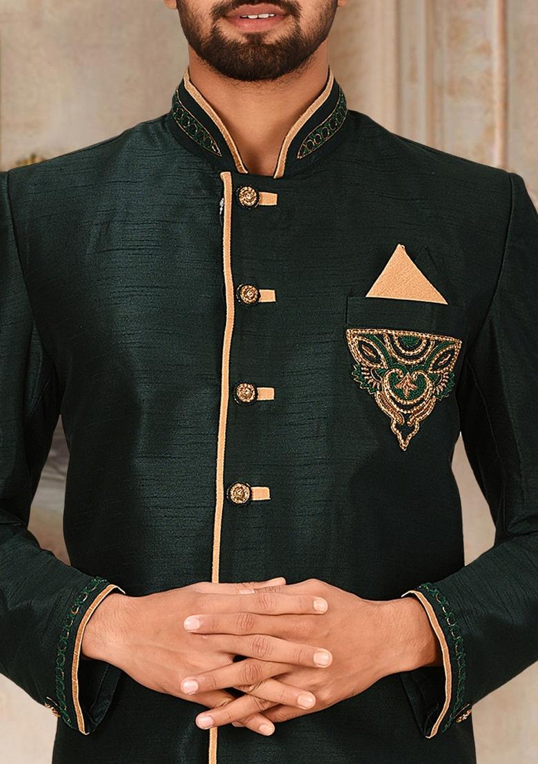 Royal Blue Embroidered Dupion Art Silk Indo Western Sherwani Set For Men