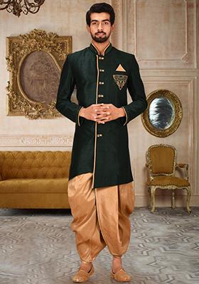 Royal Blue Embroidered Dupion Art Silk Indo Western Sherwani Set For Men