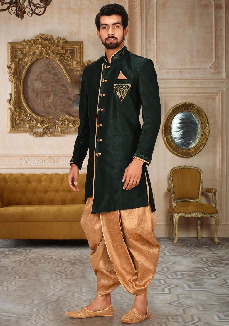 Royal Blue Embroidered Dupion Art Silk Indo Western Sherwani Set For Men