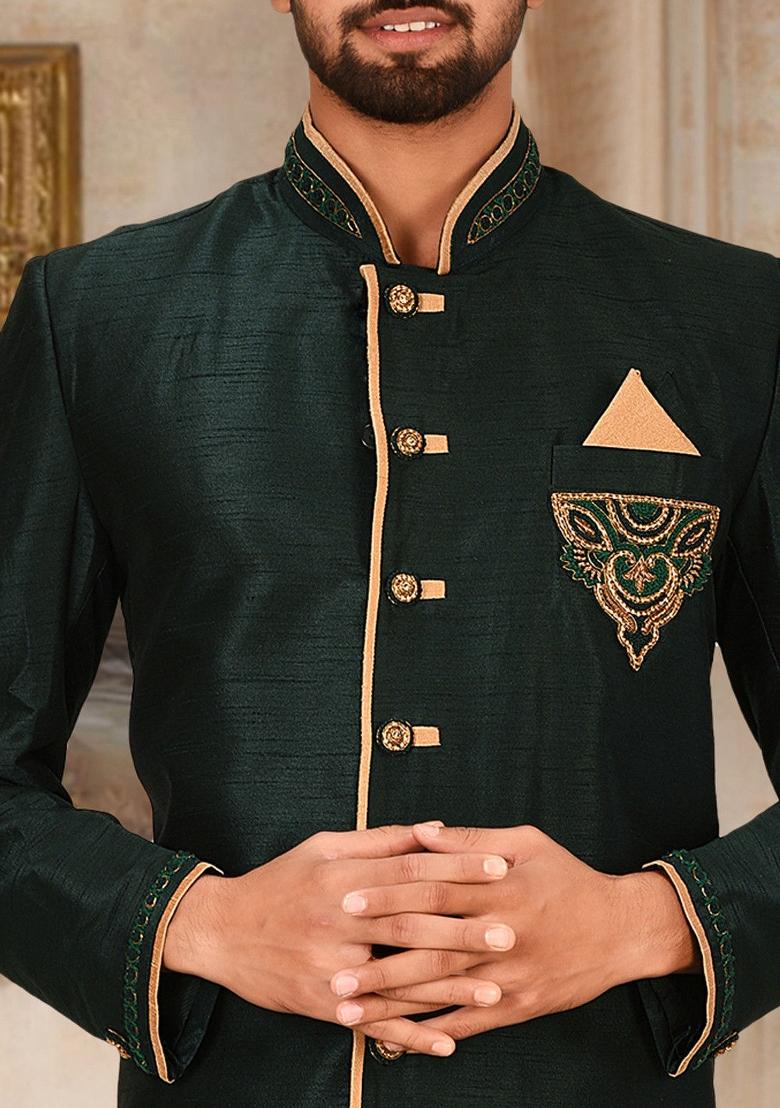 Royal Blue Embroidered Dupion Art Silk Indo Western Sherwani Set For Men