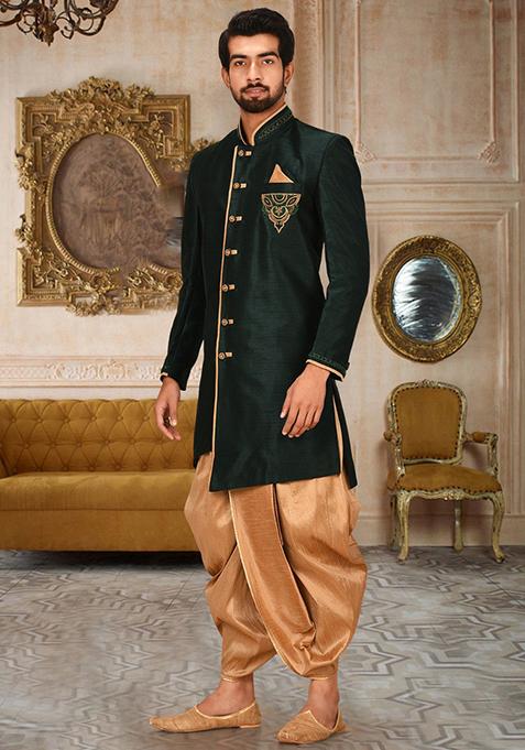 Royal Blue Embroidered Dupion Art Silk Indo Western Sherwani Set For Men