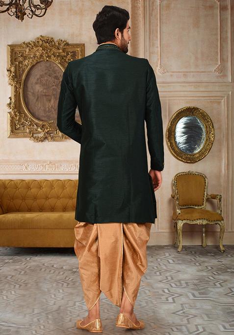 Royal Blue Embroidered Dupion Art Silk Indo Western Sherwani Set For Men