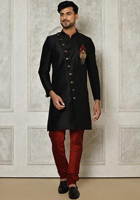 Black Embroidered Dupion Art Silk Indo Western Sherwani For Men