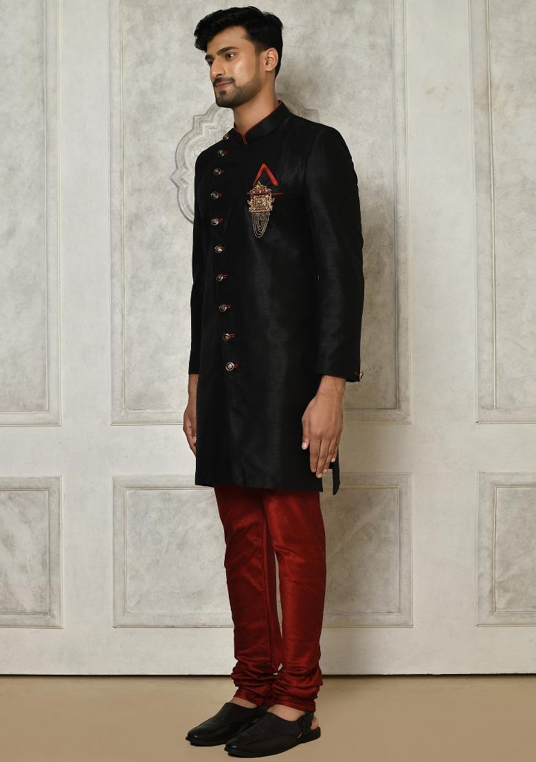 Black Embroidered Dupion Art Silk Indo Western Sherwani For Men