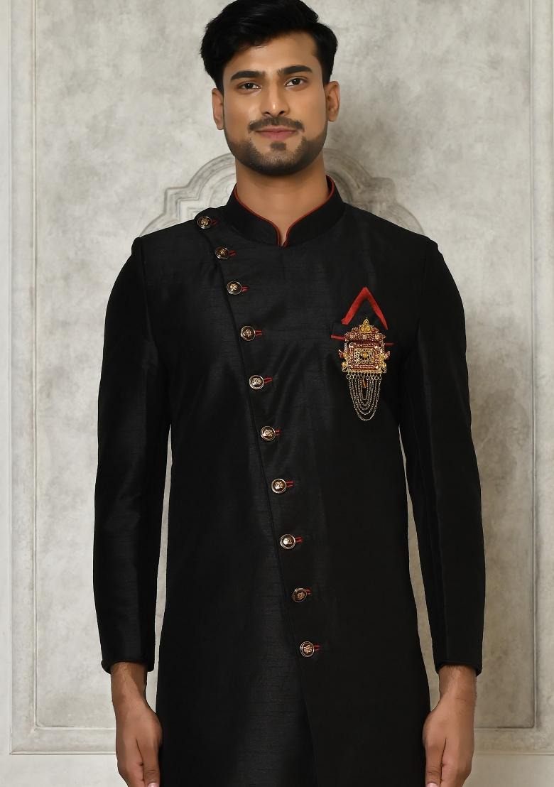 Black Embroidered Dupion Art Silk Indo Western Sherwani For Men