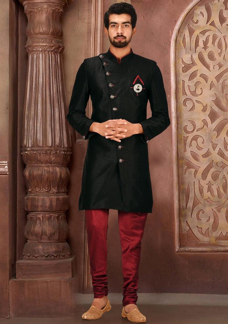 Black Embroidered Dupion Art Silk Indo Western Sherwani Set For Men