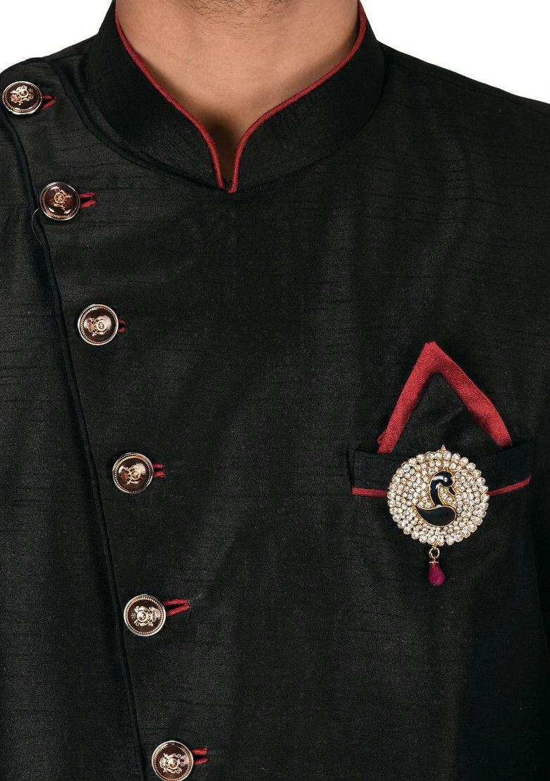 Black Embroidered Dupion Art Silk Indo Western Sherwani Set For Men