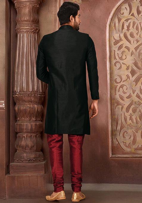 Black Embroidered Dupion Art Silk Indo Western Sherwani Set For Men