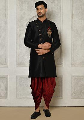 Black Embroidered Dupion Art Silk Indo Western Sherwani Set For Men