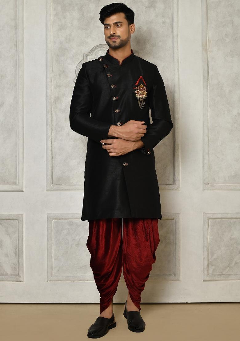 Black Embroidered Dupion Art Silk Indo Western Sherwani Set For Men