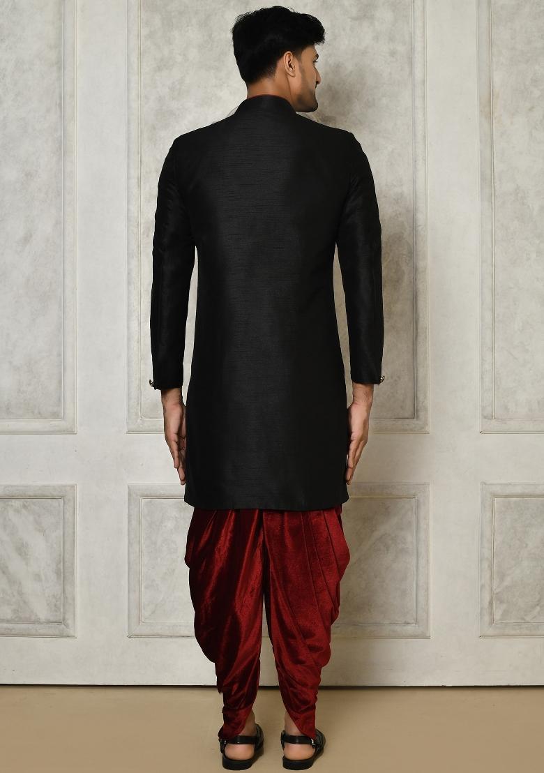 Black Embroidered Dupion Art Silk Indo Western Sherwani Set For Men