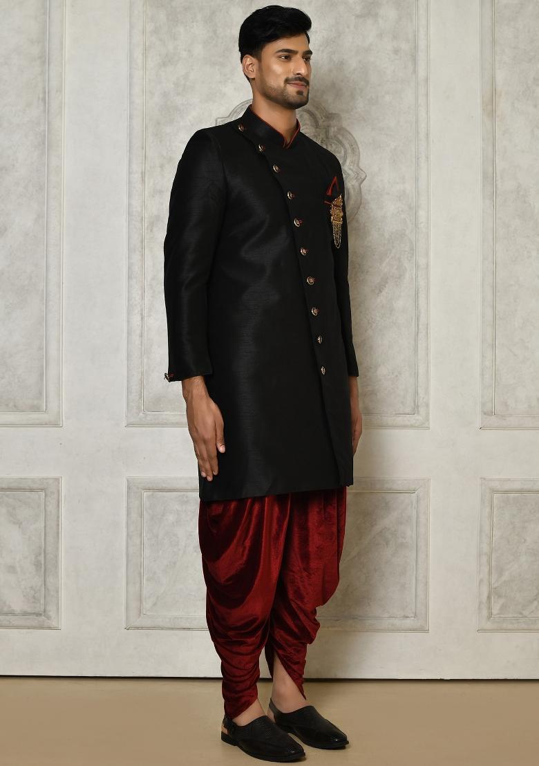 Black Embroidered Dupion Art Silk Indo Western Sherwani Set For Men