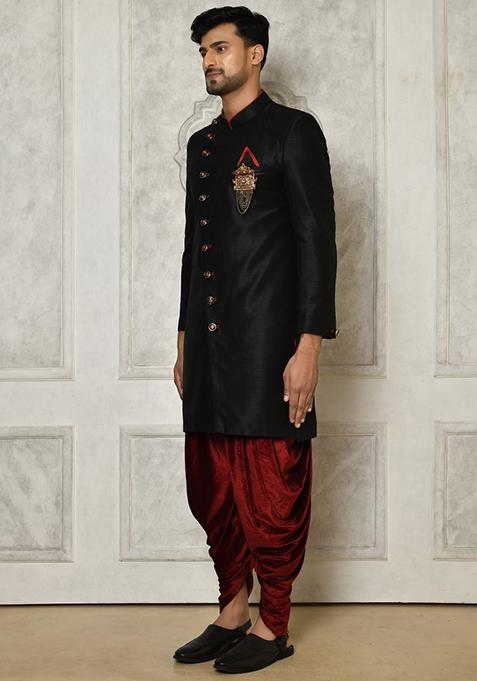 Black Embroidered Dupion Art Silk Indo Western Sherwani Set For Men
