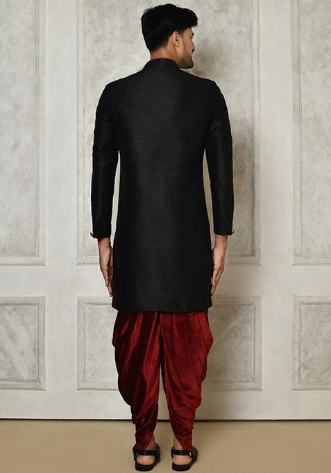 Black Embroidered Dupion Art Silk Indo Western Sherwani Set For Men