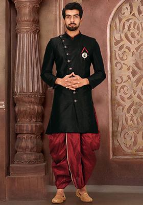 Black Embroidered Dupion Art Silk Indo Western Sherwani Set For Men