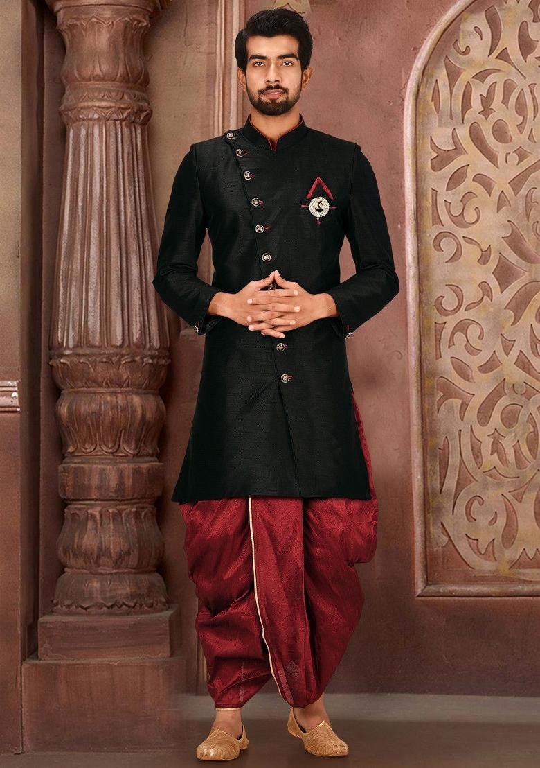 Black Embroidered Dupion Art Silk Indo Western Sherwani Set For Men