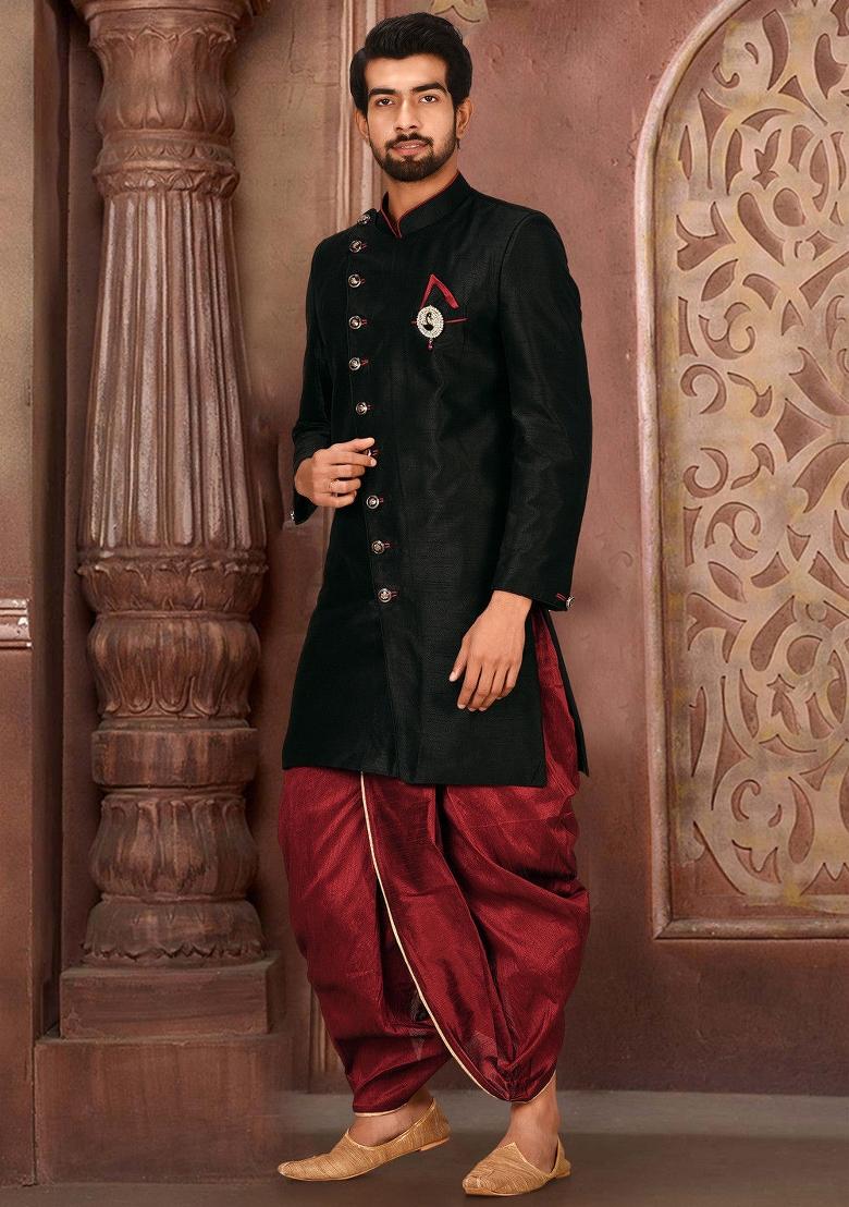 Black Embroidered Dupion Art Silk Indo Western Sherwani Set For Men