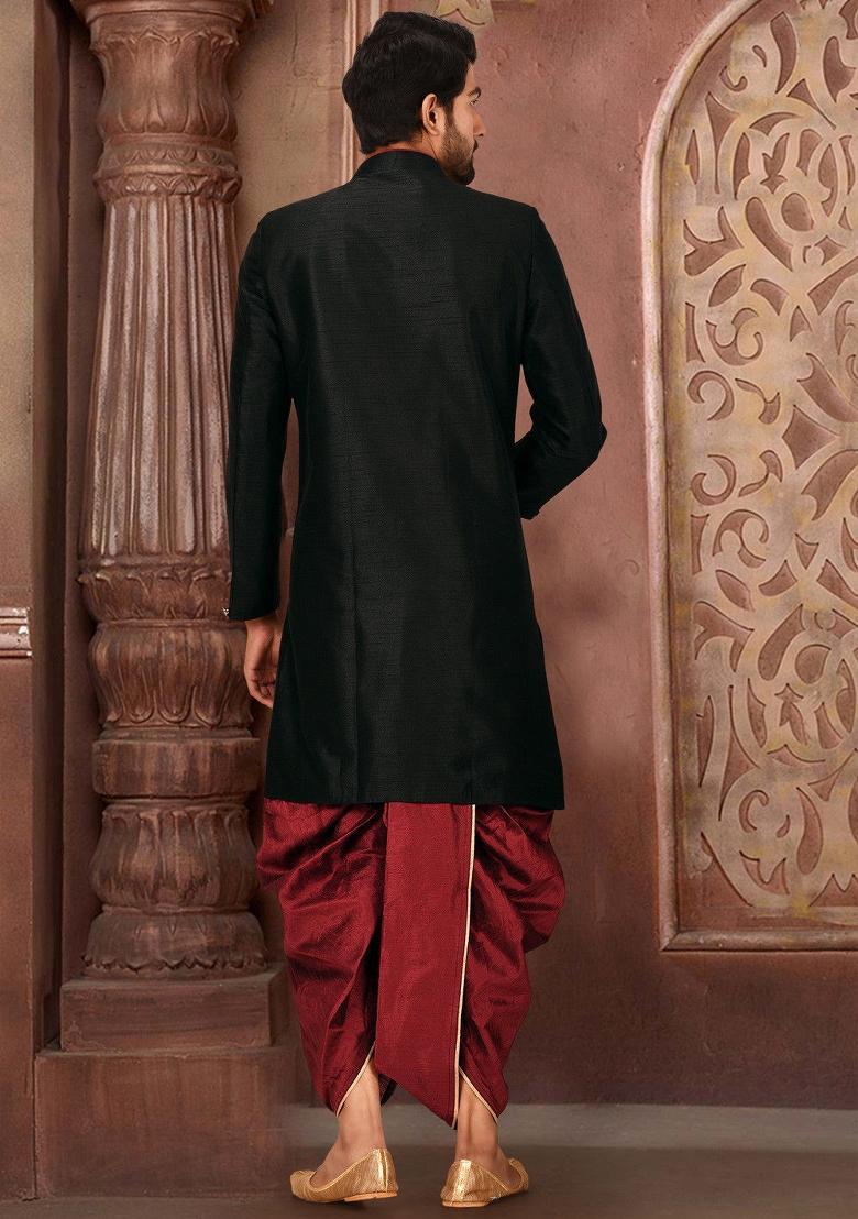 Black Embroidered Dupion Art Silk Indo Western Sherwani Set For Men