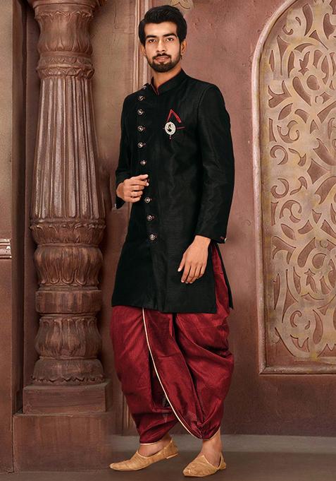 Black Embroidered Dupion Art Silk Indo Western Sherwani Set For Men