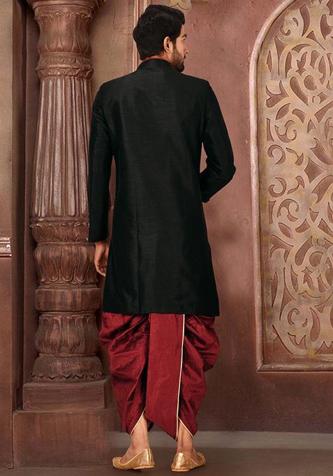 Black Embroidered Dupion Art Silk Indo Western Sherwani Set For Men